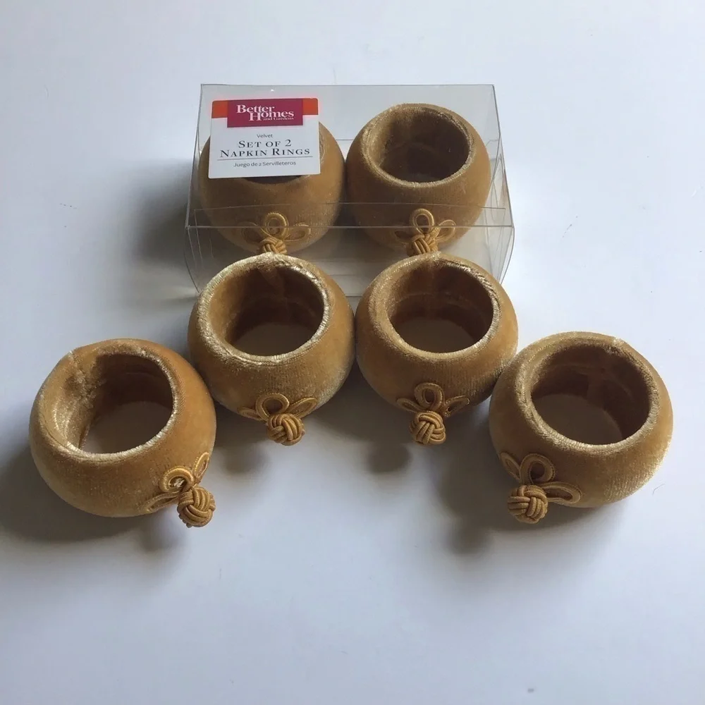 Better Homes & Gardens SET OF 6 Tan Gold Velvet Asian Knot Round Napkin Rings